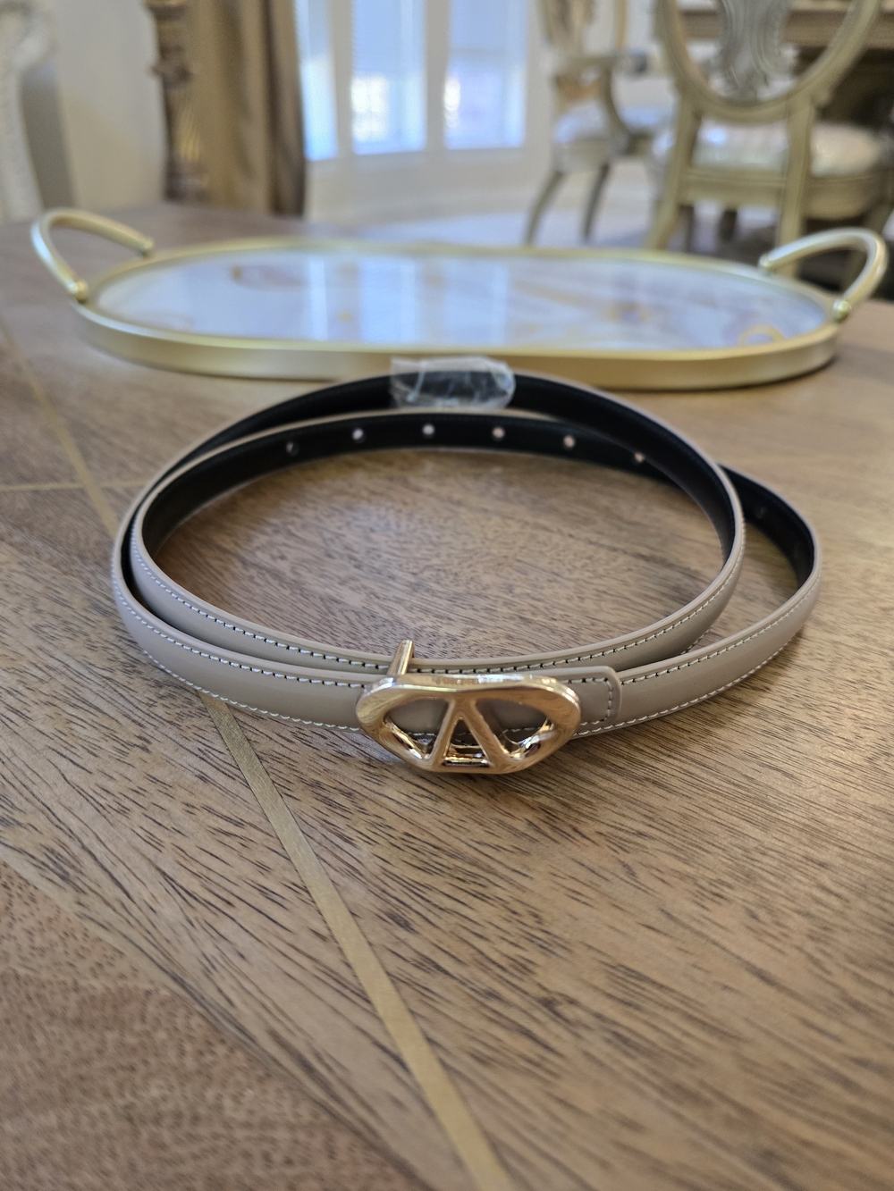 Women's Neutral Taupe Belt with Gold Statement Buckle